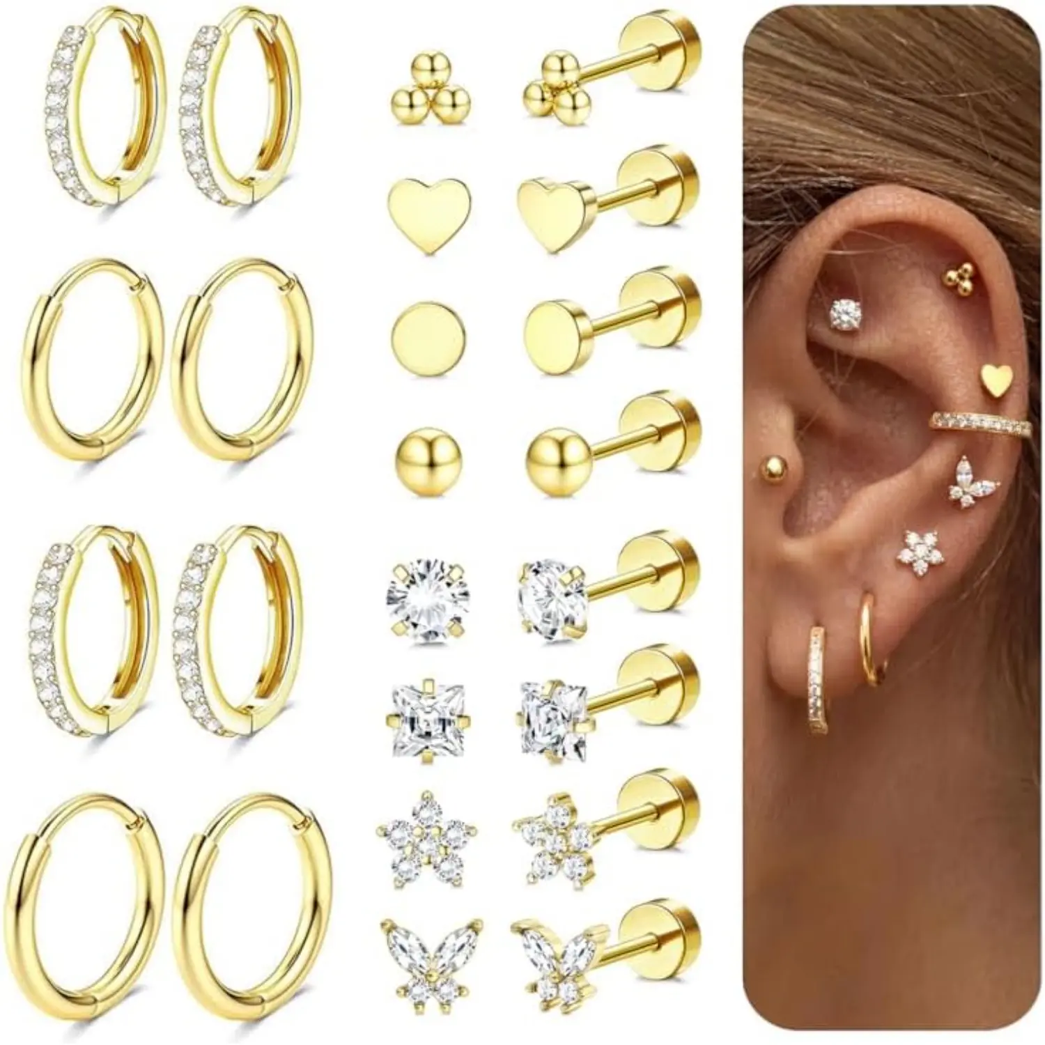 Trendy 12 Pairs Hypoallergenic Earrings for Sensitive Ears Surgical Steel Cartilage Earring Stacks Comfortable Flat Back 14K Gold Plated