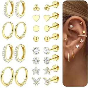 Trendy 12 Pairs Hypoallergenic Earrings for Sensitive Ears Surgical Steel Cartilage Earring Stacks Comfortable Flat Back 14K Gold Plated