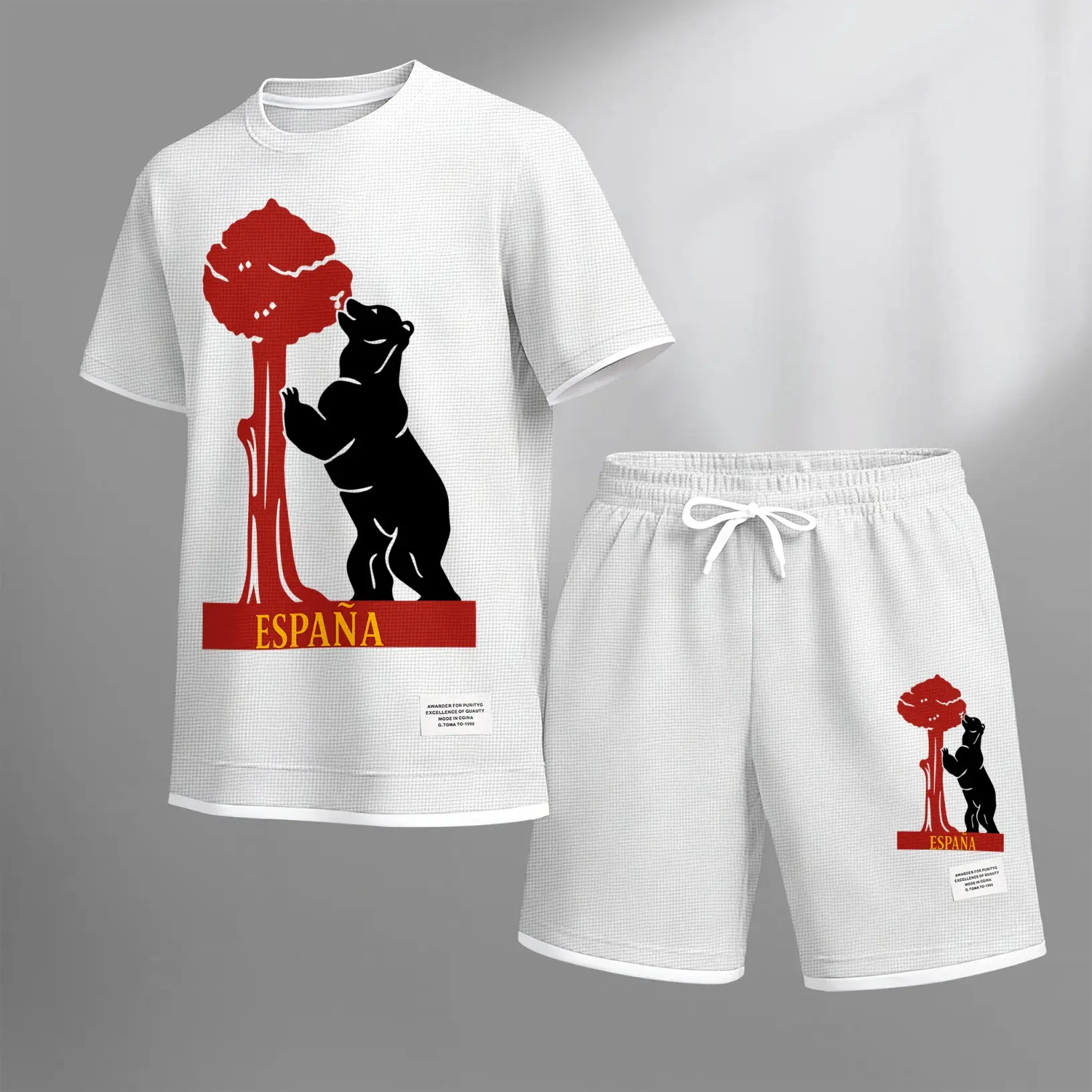 Men’s ESPANA Graphic Summer Set, Relaxed Fit T-Shirt and Matching Shorts with Retro Animal Illustration, Creative Street Style Outfit for Beach Trips, Travel Adventures and Casual Wear.