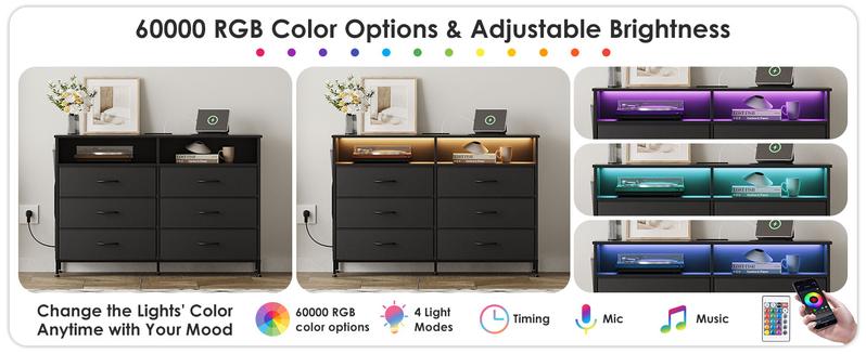 6 Drawer Dresser for Bedroom with LED Lights and Charging Station, Modern Wood Dressers with Extra Side Bag, Double Wide Drawer Cabinet TV Stand for up to 60" TV for Living Room (Black)