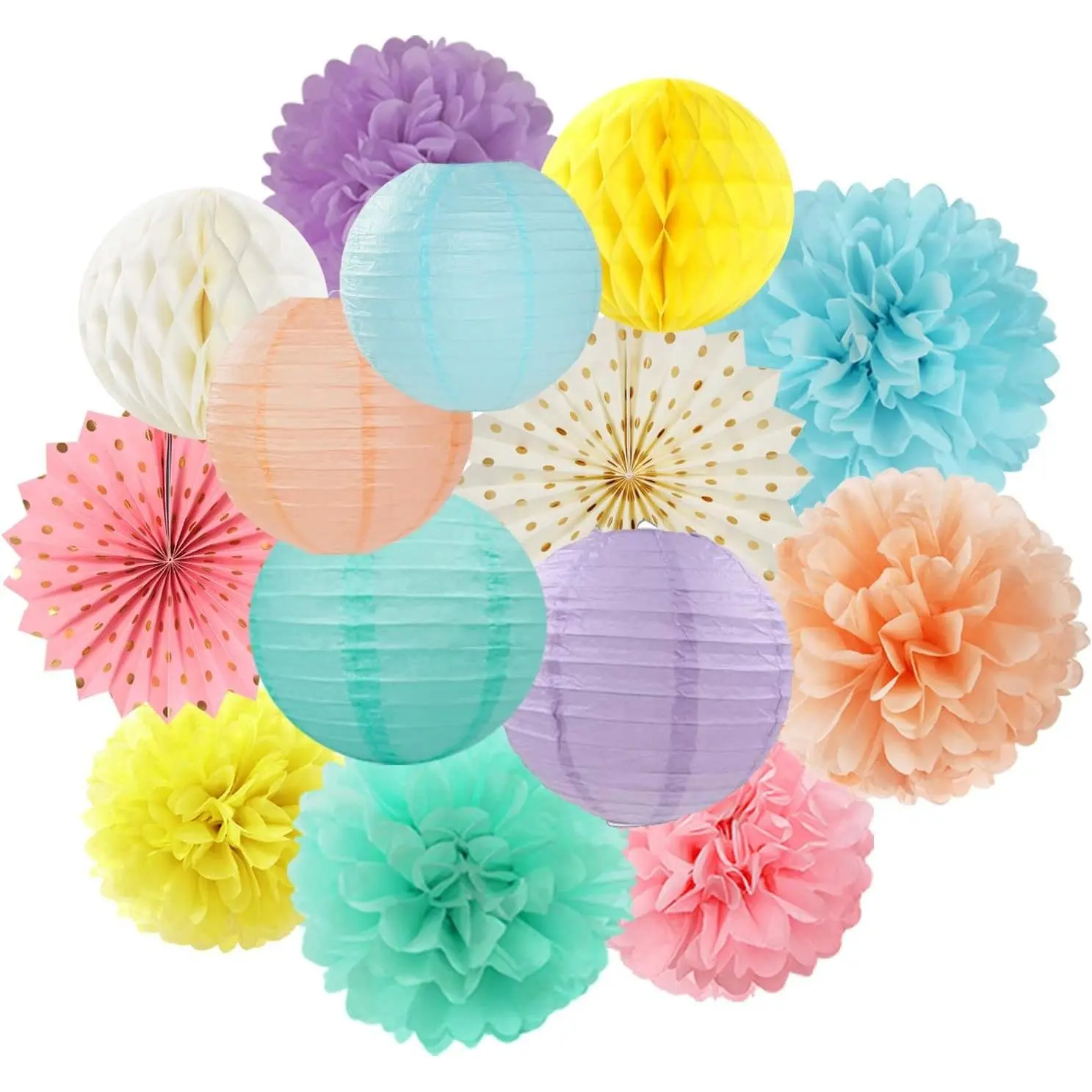 Pastel Rainbow Party Decorations Streamers Set - 14pcs Ornaments, Pink Yellow Blue Paper Lanterns, Fans, Tissue Pom Poms, Honeycomb Balls for Kids Birthday, Baby Shower Room Decor