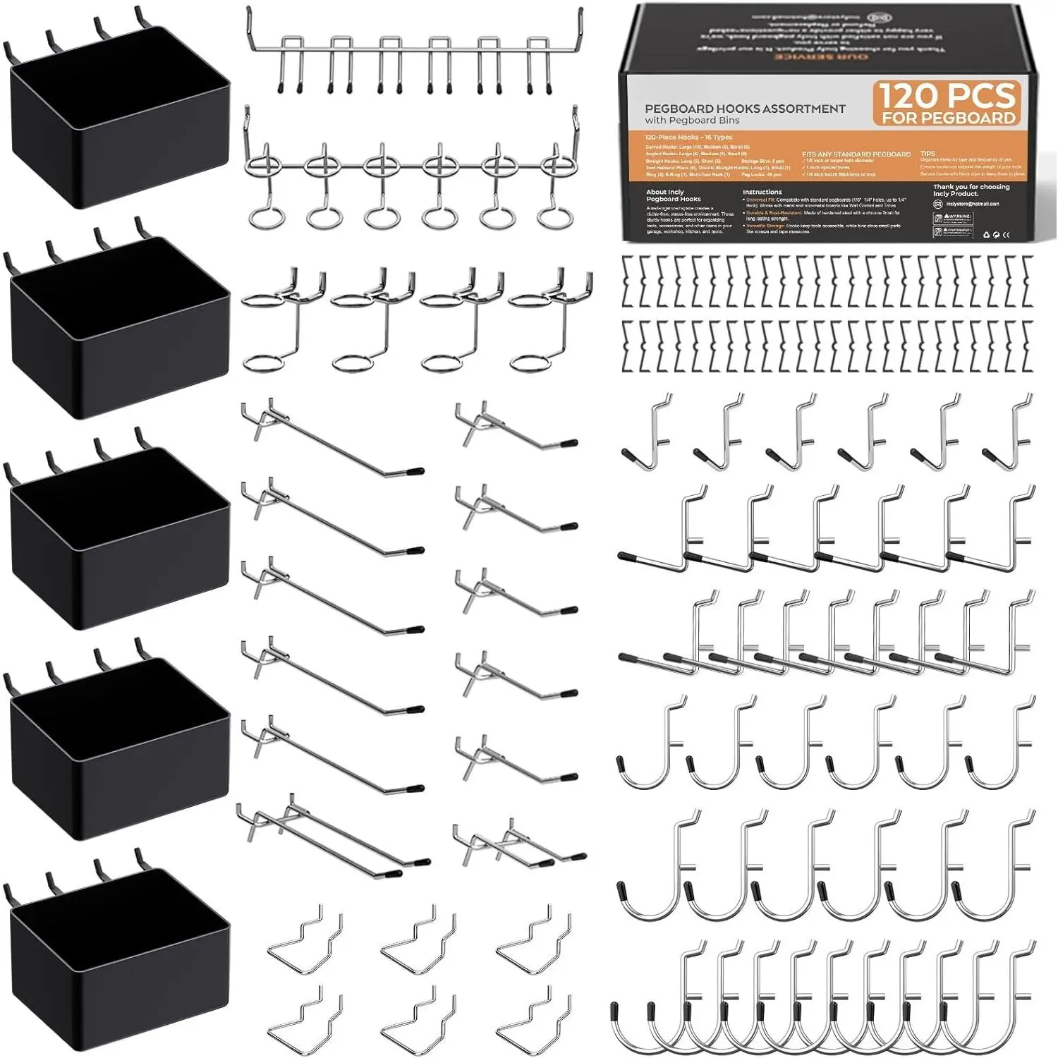 120 count Pegboard Accessories Organizer Kit with Peg Borad Hooks & Bins | Peg Board Hooks , For Organizing Various Tools, Fit 1/8 or 1/4 inch Pegboard, For Garage  & Storage Tools