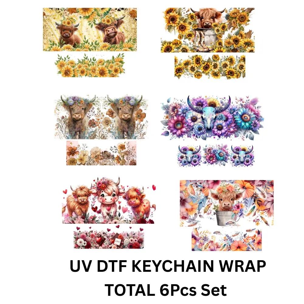 6 Pieces UV DTF Transfer Stickers, Cute Cow Design, DIY Keychain Decor, Craft Supplies, Holiday Party Gift Customization, Creative Gifts, Sticker Decal