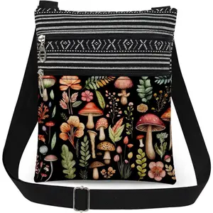 Mushroom Fungal Art Print Crossbody Bag Mushroom Floral Design Messenger Bag Adjustable Shoulder Strap for Adult Sisters Teens Birthday Gift for Nature Travel Crossbody Purse (Black)