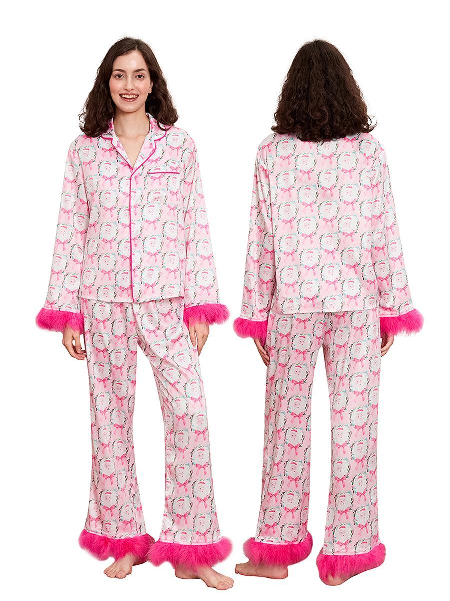 Women Christmas Pajamas Sets Satin Santa Claus/Bow Print Long Sleeve Feather Trim Button Shirts Pants Sleepwear Loungewear