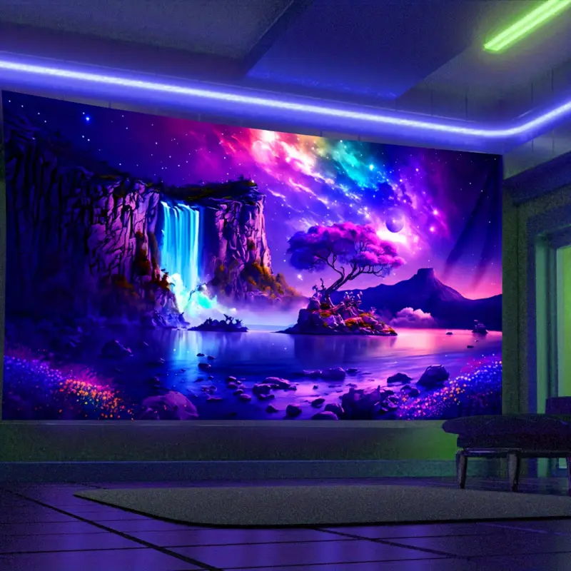 1 Piece Glow in the Dark UV Reactive Fluorescent Tapestry - Cotton Custom Print Home Decor Wall Hanging for Bedroom, Office - Spooky Skeleton Waterfall Starry Night Design, Fan Gift Accessory bedroom decor cool stuff for room