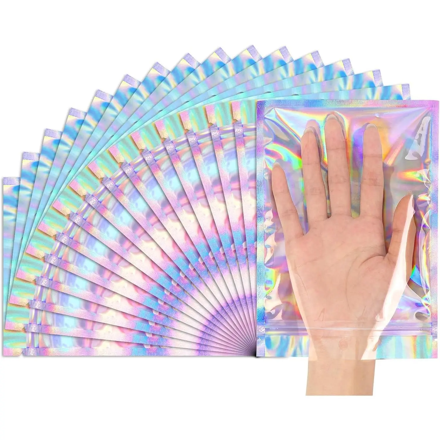 50 pcs Mylar Holographic Bags Clear Window Resealable Bags,Foil Bag with Zipper,Sealing Pouch Smell Proof Packaging Bags for Food Storage,Candy,Party Favor Sample Business Supplies(5.5x7.9in)