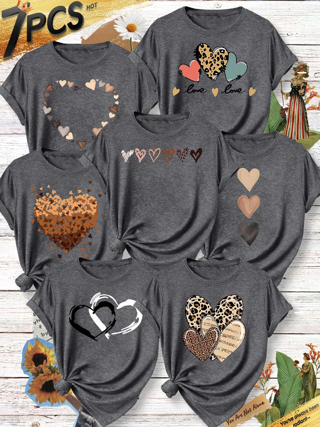 7Pcs Women Crew Neck T-shirt, Gradient Confetti Tri-color Spliced Leopard Heart Minimal Vibe Print, Soft Girly Spring Summer Daily Top Suit