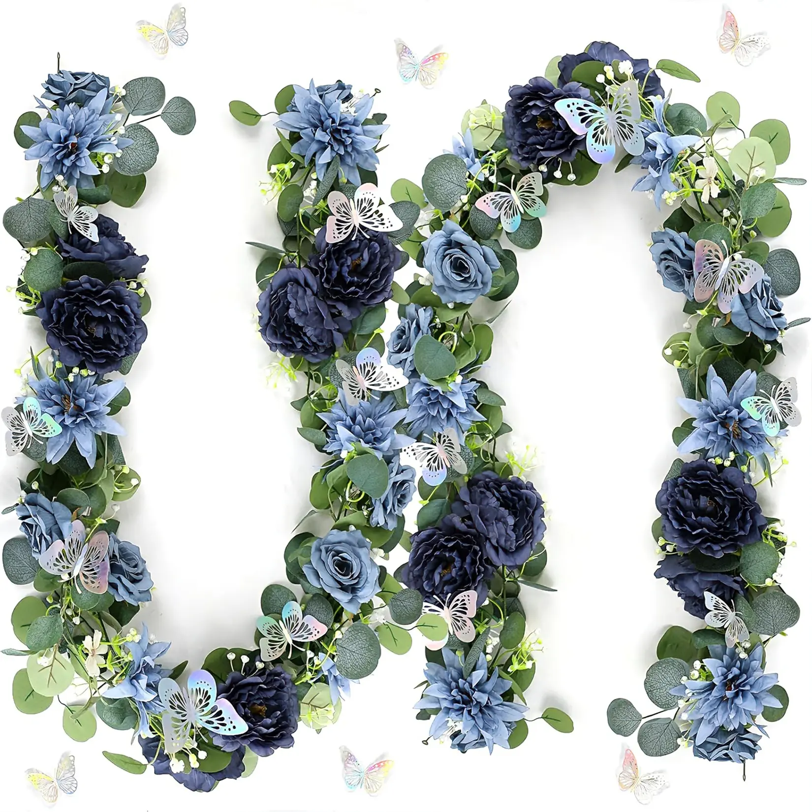 Garvee Realistic 2-Pack Artificial Eucalyptus & Navy Blue Rose Garland with 24 Laser-Cut 3D Silver Butterflies – 180cm Silk & Plastic Floral Vine for Home, Wedding Arch, Rustic Party Table Décor