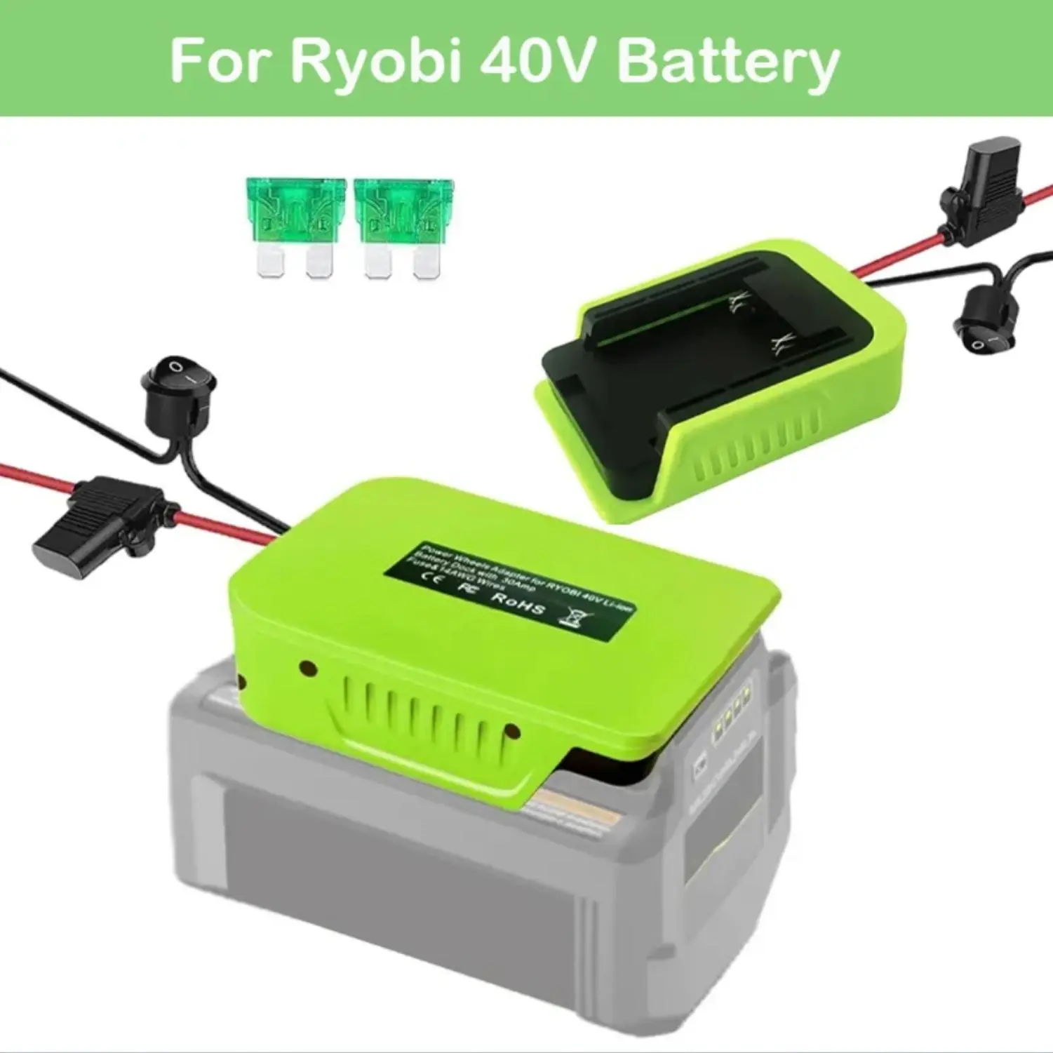 for Power Wheel Adapter Compatible with RYOBI 40V Battery with Fuse 14 Gauge Wire Power Tool Converter for RC Cars, Robotics, DIY