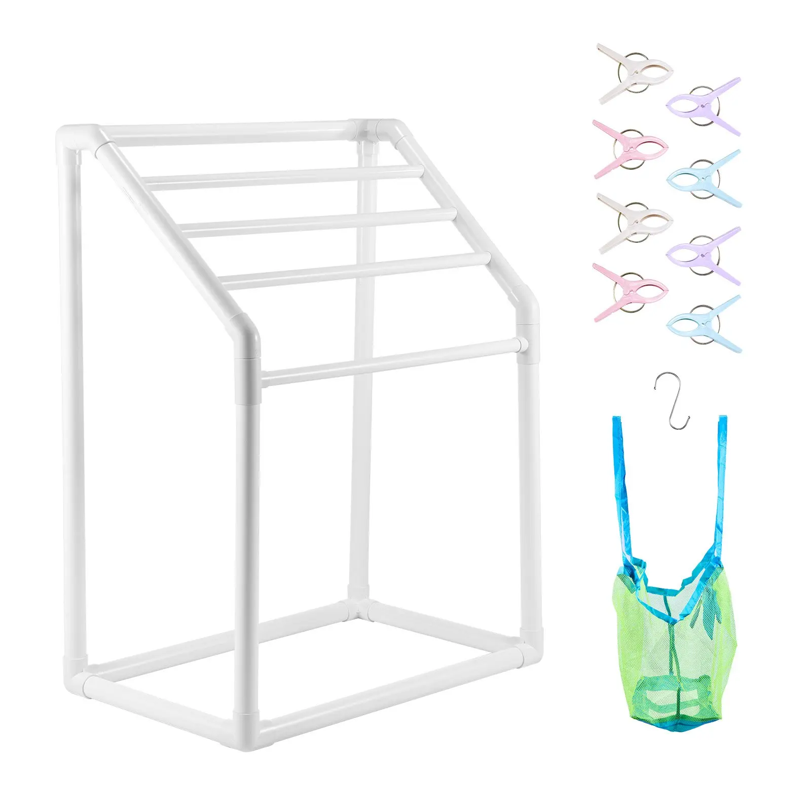 VEVOR Towel Rack, 5 Bars Outdoor PVC Towel Holder, Freestanding Pool Towel Hanger Stand with Clips, Bag Hook, Outdoor Indoor Quilt Drying Rack Organizer, Ideal for Poolside, Bathroom, Spa, White