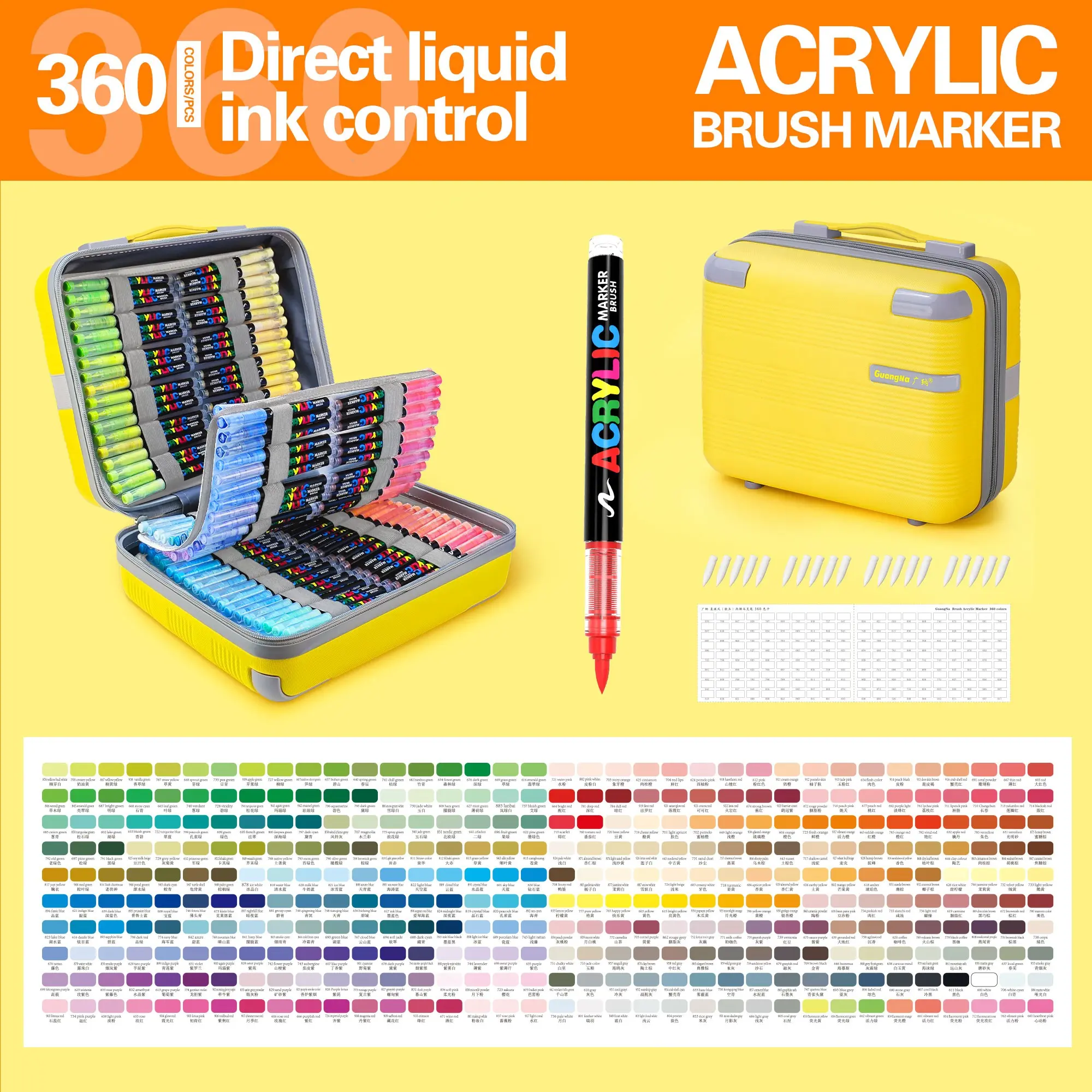 Guangna Acrylic Marker Pens, 360 Colors, Portable Case, Soft Tip, Auto Ink System, Ideal for Art, DIY, Canvas, Wood, Glass, Fabric, Back-To-School Season