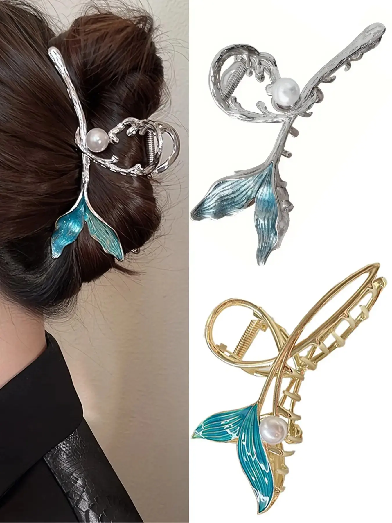 2 Pieces Fish Tail Hair Clips with Pearl Mermaid Hair Claw Clips for Women Big Gold Metal Hair Clip Strong Hold Hair Clamps Nonslip Hair Barrettes Large Hair Accessories for Woman and Girls