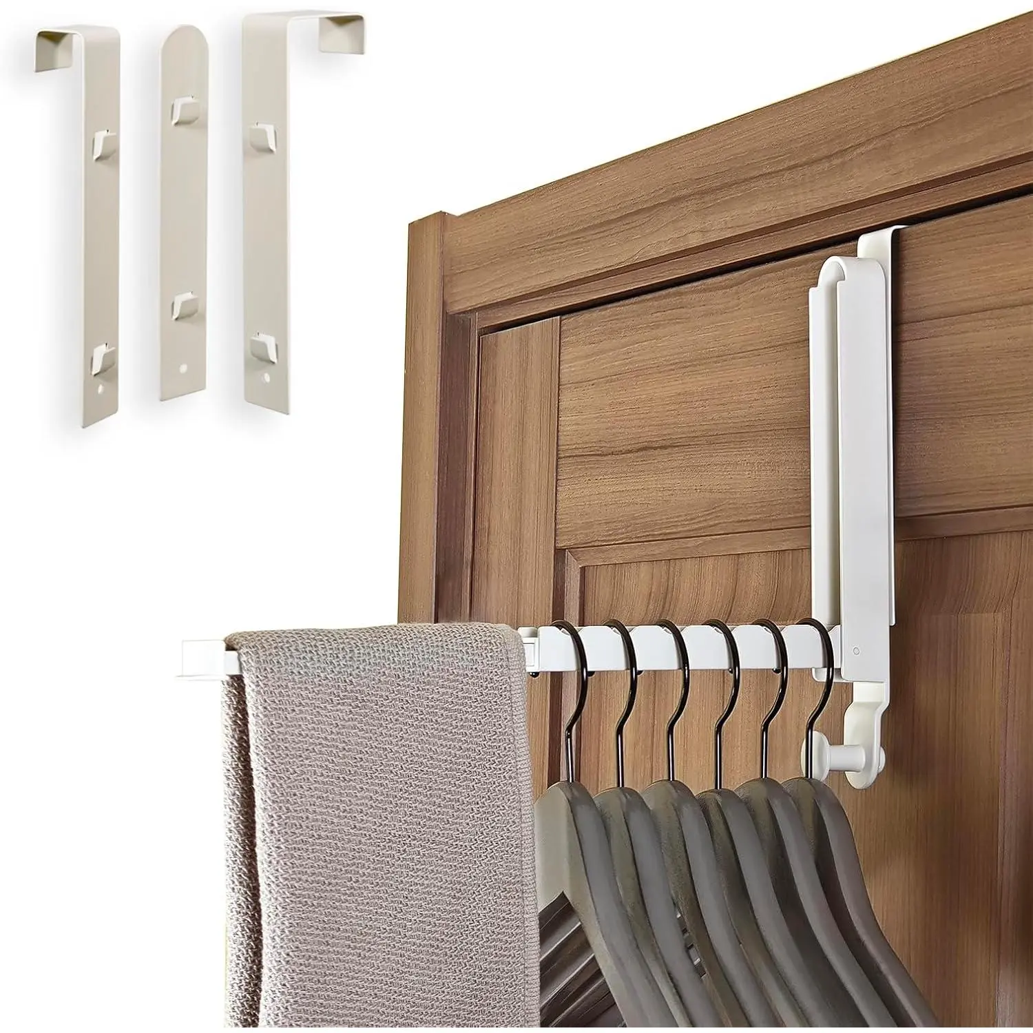 White Metal-Aluminium Folding Clothes Drying Rack with 3 Brackets, Hook, Hangable Compact Folded Retractable Rod - Over-The-Door & Wall Mountable, Fits Door Thickness 0.59in-1.96in, Door/Wall Mount