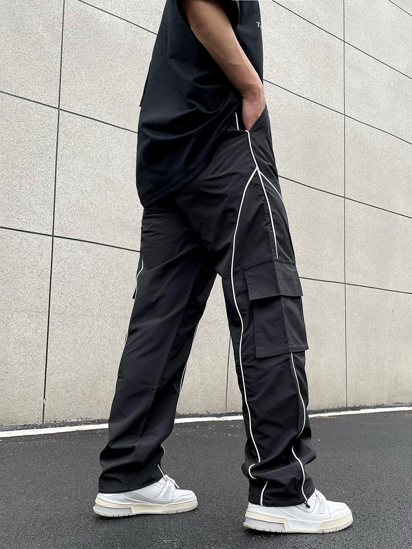 Men's Loose Letter Patched Contrast Binding Pocket Detail Drawstring Cargo Pants, Mens Pants, Casual Trousers for Spring Fall Winter