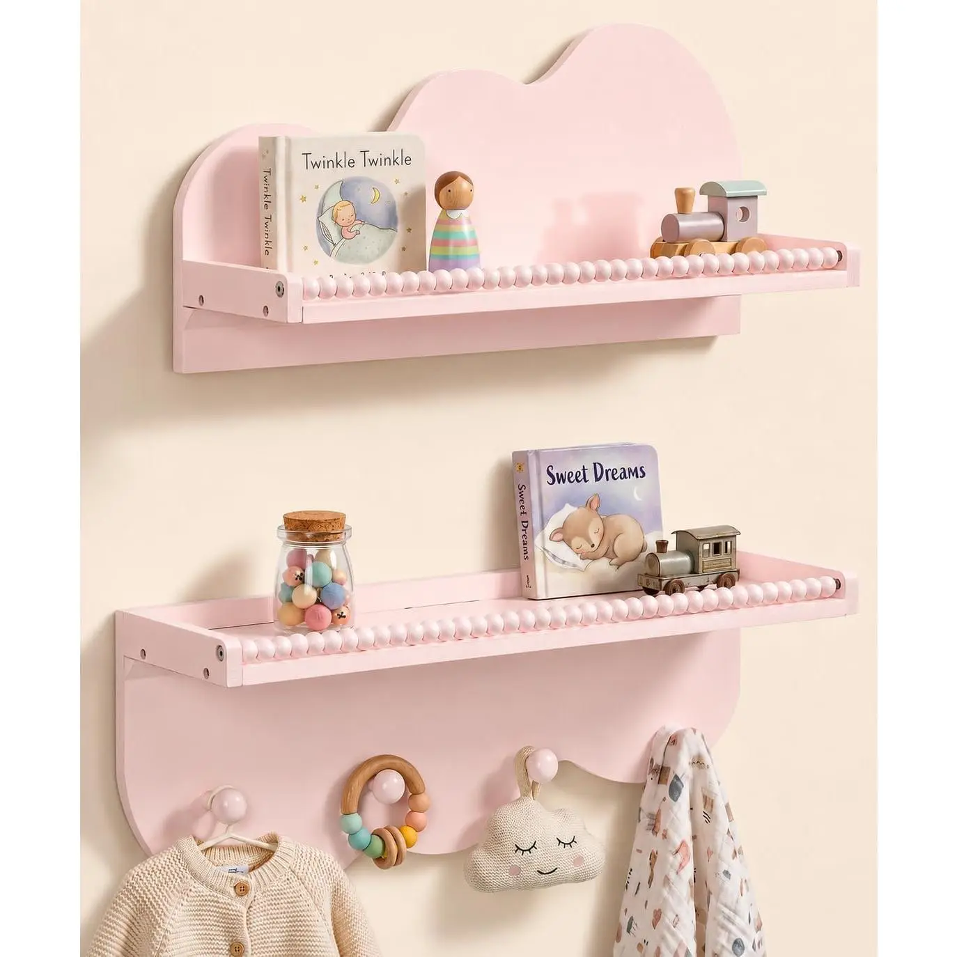 Maxpeuvon Nursery Book Shelves, Pine Wood Nursery Floating Shelf, Wall Mounted Floating Bookshelves for Baby, Scalloped Shelves for Kids Toddler Children Room Storage and Decor, Set of 3 (Pink)