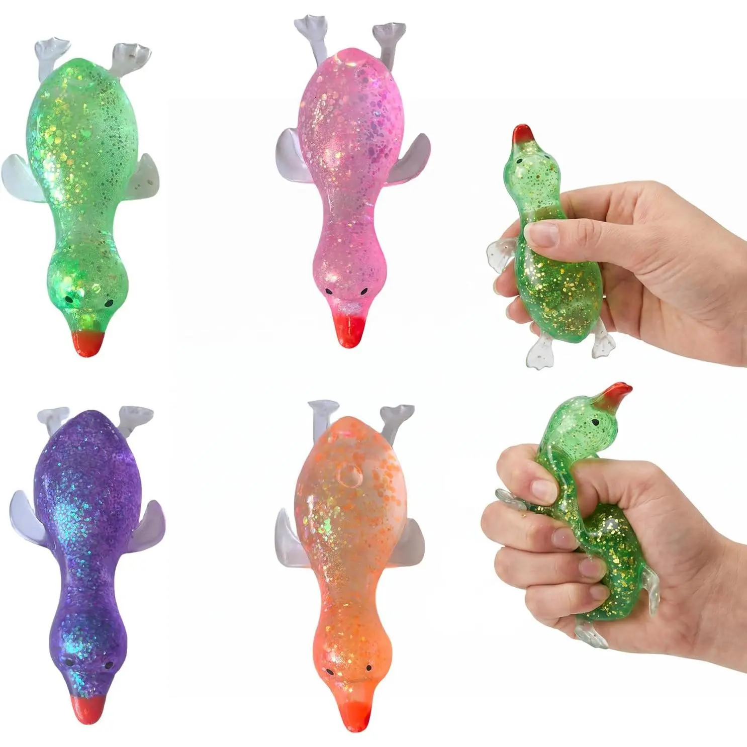 Squishy Stress Relief Animal Toys - 4pcs Colorful Glitter Fidget Toys, Cute Soft Squeeze Toys, Moldable Sensory Toy for Adult, Kids, Party Favors Anxiety Relief Squishy Toys(Duck)