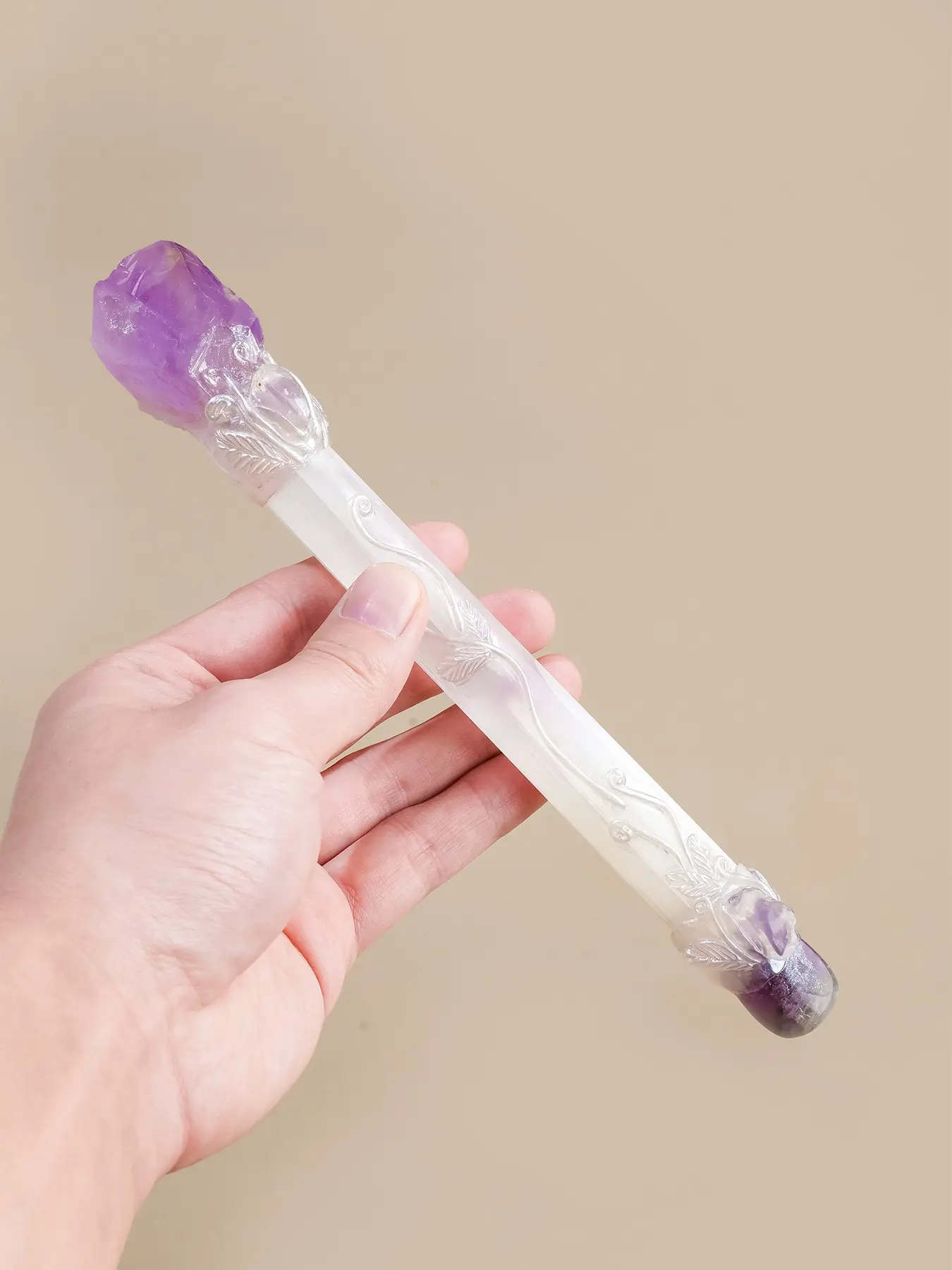 Natural Crystal Amethyst Rose Crystal Wand, Carved Selenite Decorative Crystal Stick, Ornament Gift for Home Display Collection
