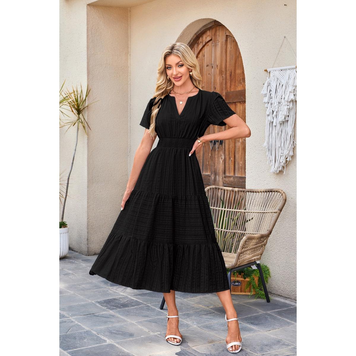 Womens Summer 2026 Casual Midi Maxi Dresses Lightweight Short Sleeve V Neck Elastic Waist Boho Beach Dress Pockets