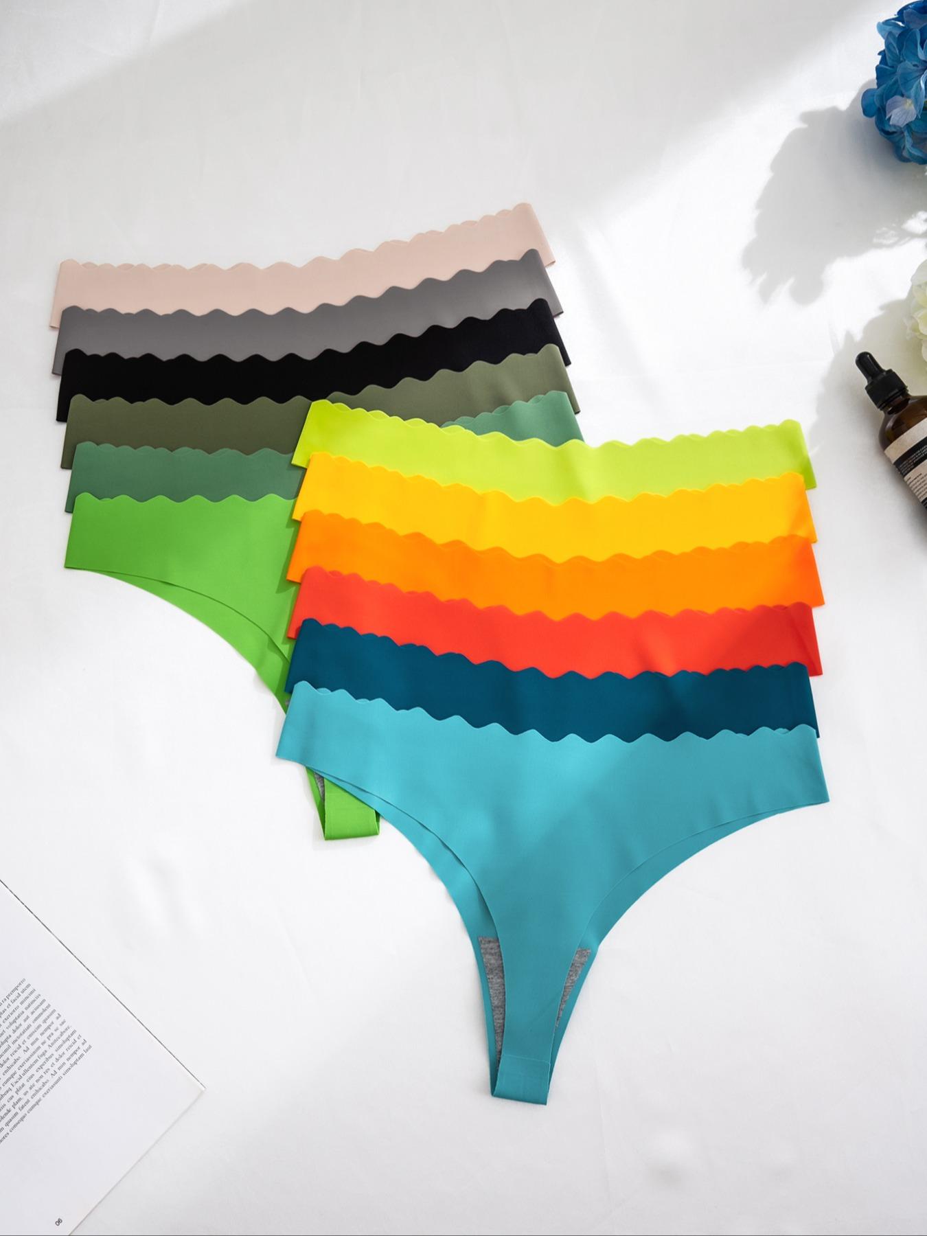Women's Solid Scallop Trim Thong, Soft Comfy Breathable Seamless Drop Waist Panties for Daily Wear, Ladies Underwear for All Seasons, Panties Collection, Seamless Panties Set