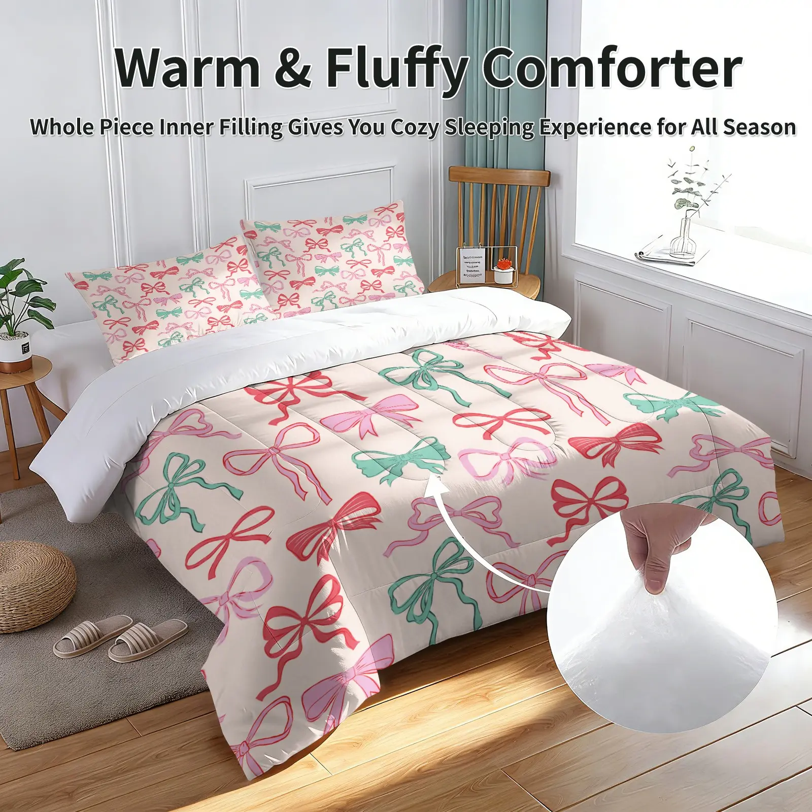 2/3Pcs Pastel Bow Coquette Comforter Set, Cute Aesthetic All Season Bedding Quilt for Teen Girls, Soft Fluffy Microfiber Bed Comforter with Envelope Pillowcases, U-Shaped Quilted Dorm Bedroom Decor