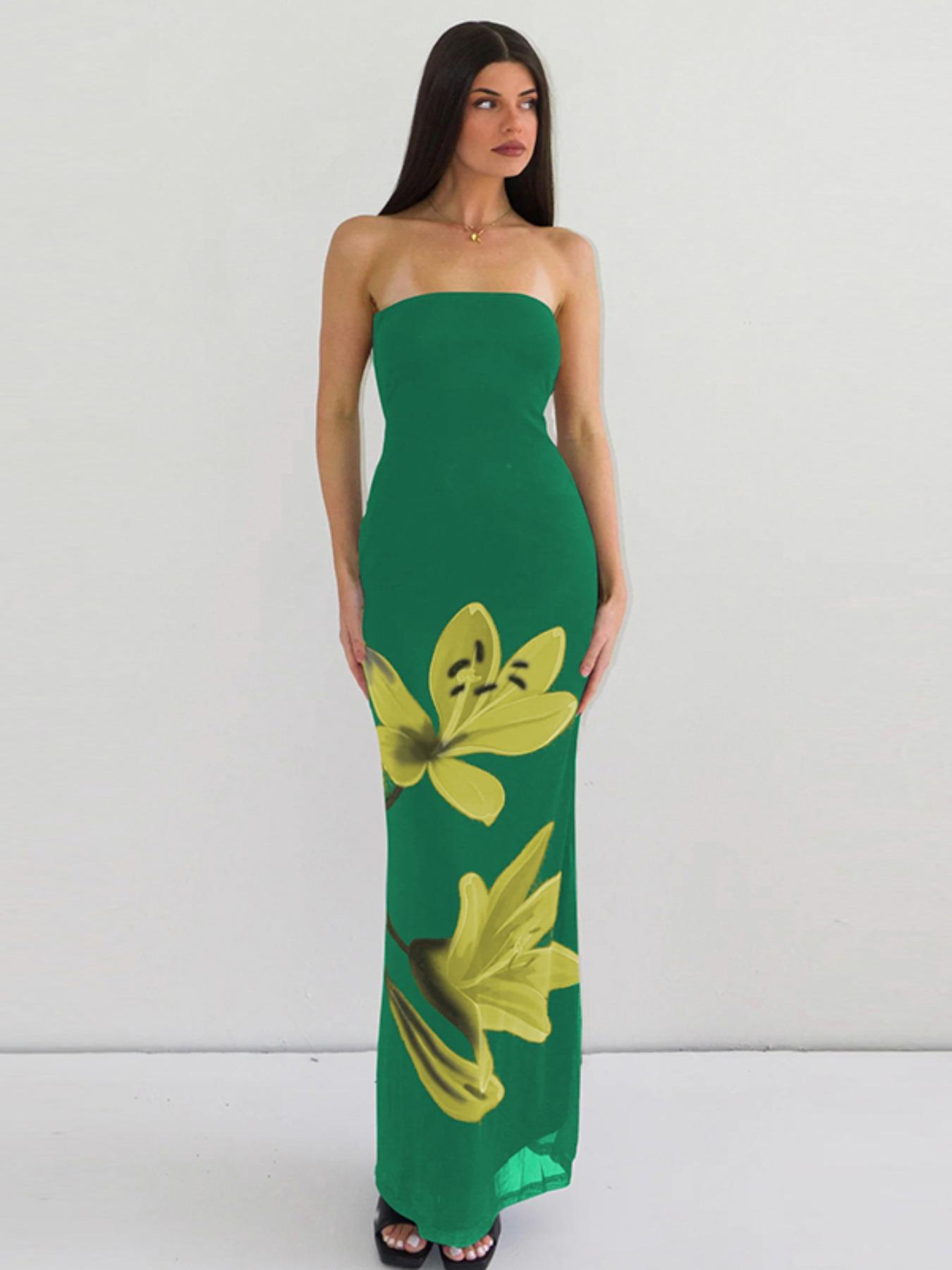 Women's Floral Print Backless Bodycon Mesh Tube Dress, Elegant Chic Strapless Tie Back Dress for Party Club Dating Wear, Ladies Summer Clothes