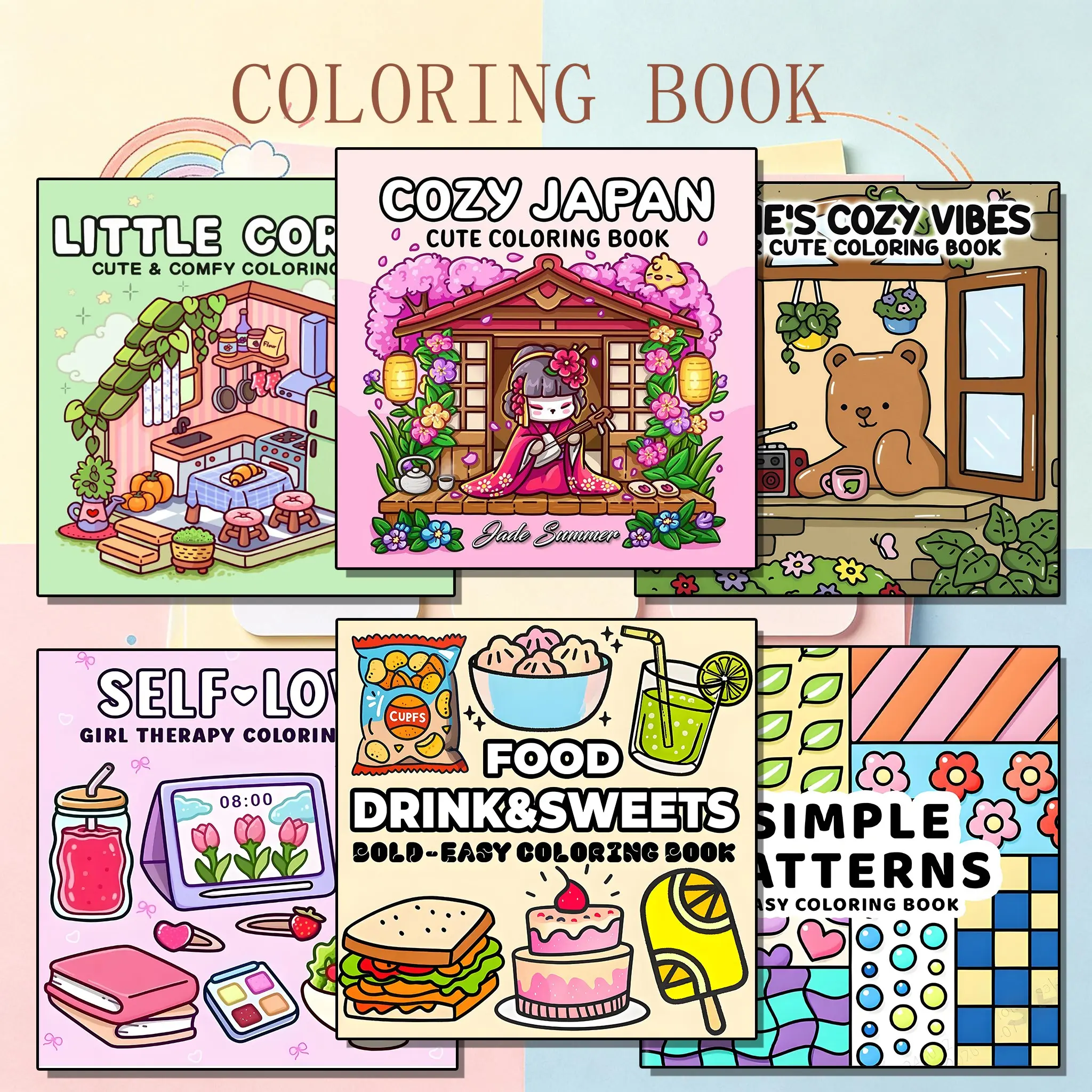 3/6-Piece Cute Theme Coloring Book set,Bold Easy Lines,ASMR Coloring,Relaxing,Cute Aesthetic,Stress Relief Coloring Gift Book for Kids, IdealArt Supplies for Daily Drawing, Travel and BedtimeActivities,Cozy DIY Painting Supplies