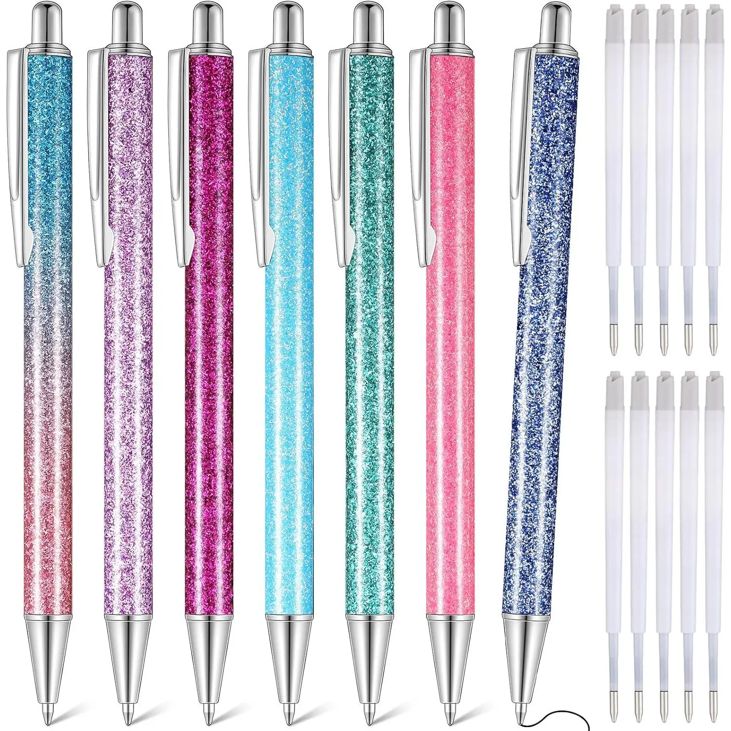 7 count Fancy Pens for Women Cute Sparkly Glitter Pens with 10 count Black Ink Refills Pretty Gifts for Girls Office School Christmas Graduation(Glitter)