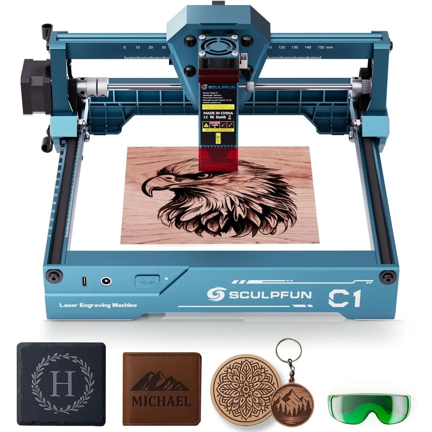 SCULPFUN C1 Mini Laser Engraver, 3W Laser Output Portable Machine with 0.04mm Ultra-Fine Spot, Easy Installation, Precise Positioning for DIY Beginners on Wood, Acrylic, Leather (150*130mm Work Area)
