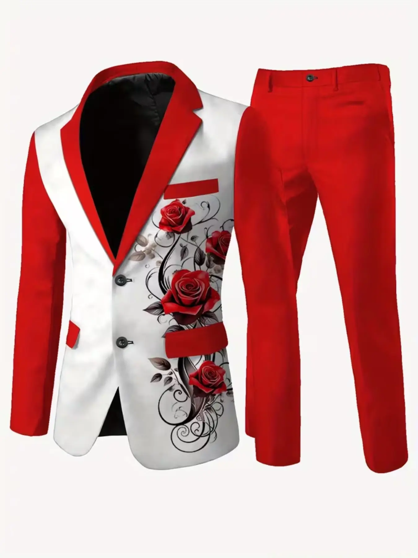 Men's 2-Piece Blazer Set, Rose Floral Print, Single Button, Slim Fit, Long Sleeve, Casual, Wedding, Party, Stage Performance
