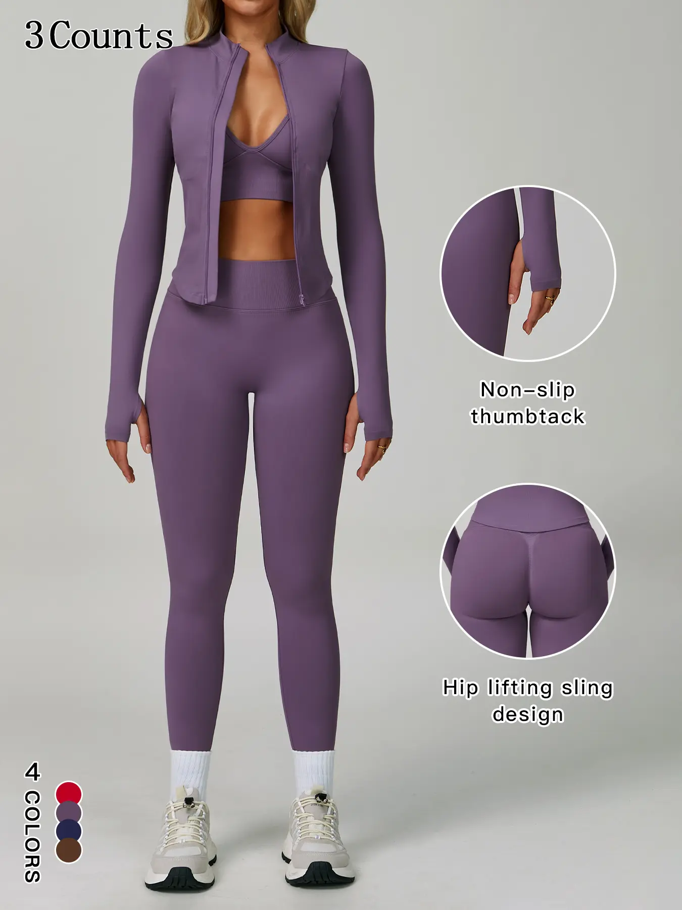Women's Outdoor Quick-Dry Sports Set, Fitted Long Sleeve Jacket & V-Neck Sports Bra & High-Waisted Yoga Pants 3-Piece Set, Yoga Sportswear Set, Matching Workout Set, Suitable for Running, Rock Climbing, Fitness, Yoga, Pilates, and Casual Wear