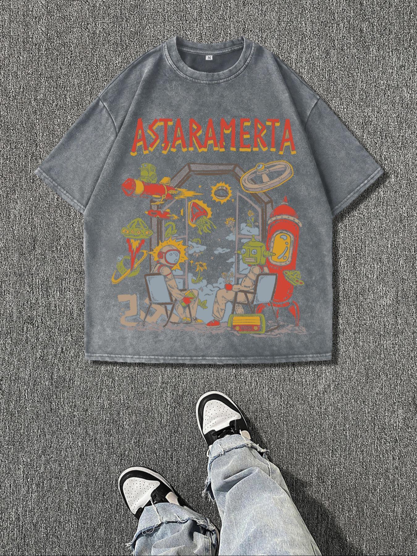 Men's Cartoon Astronaut & Letter Print Short Sleeve T-Shirt, Regular Fit Casual Retro Round Neck Tee for Summer, Men's Top for Daily Wear, Cotton