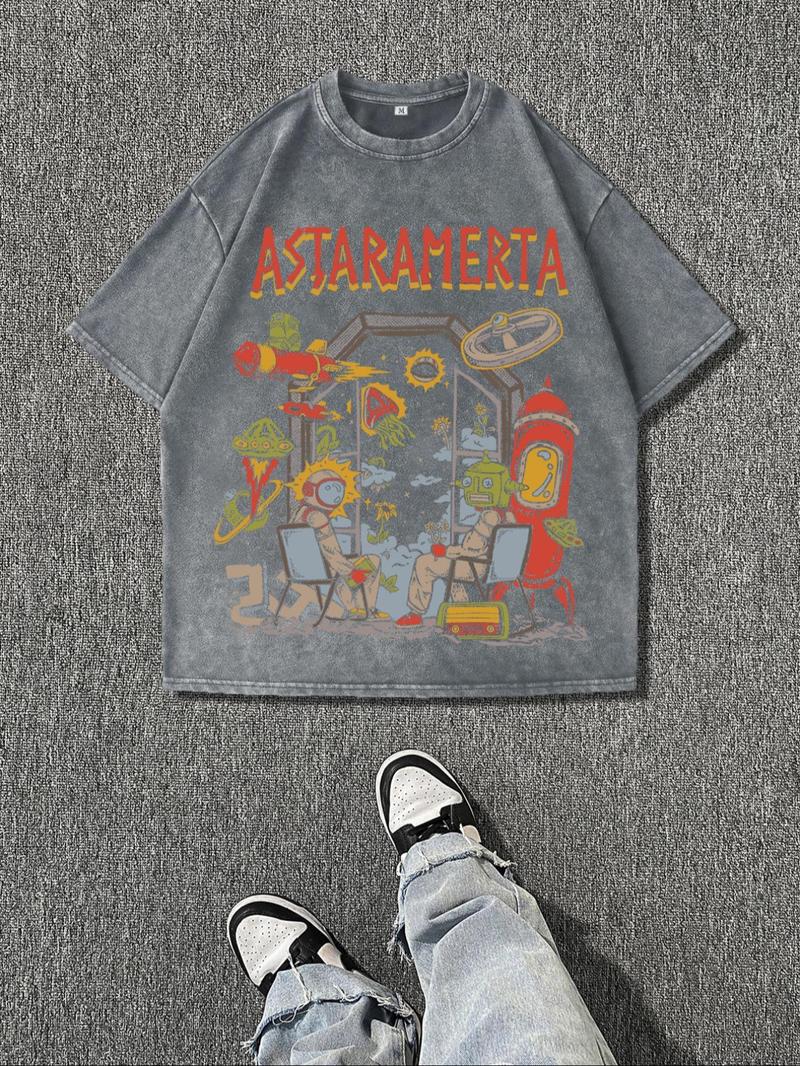 Men's Cartoon Astronaut & Letter Print Short Sleeve T-Shirt, Regular Fit Casual Retro Round Neck Tee for Summer, Men's Top for Daily Wear, Cotton