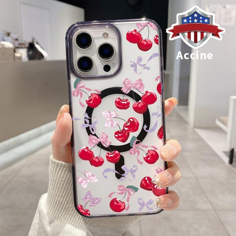 Magnetic Soft Case for iPhone 16 Pro Max 15 Plus 14 13 12 11 XS E XR Cherry - Bow Enchantment Pattern Shockproof ultra-thin Silicone Crystal Transparent Protective Cover Supports Wireless Charging