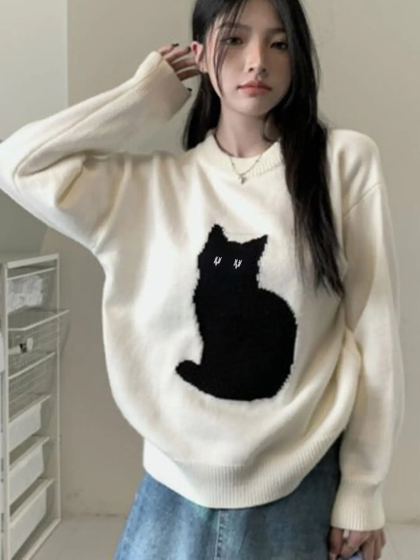 New Fashion Korean Style Round Neck Long Sleeve Sweater, Cute Cat Pattern, Loose Fit, Casual Knit Top, Office Wear, Date