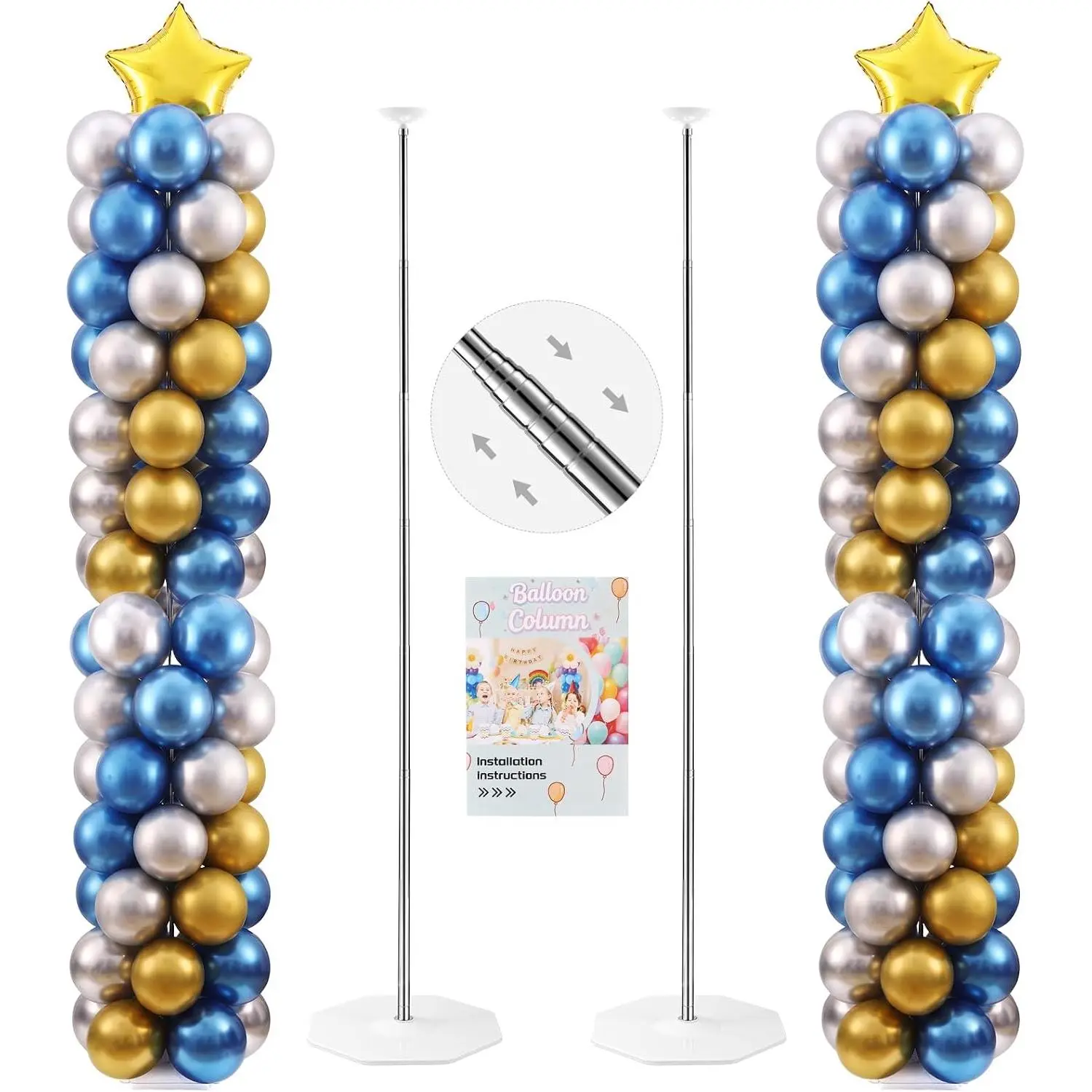 Balloon Column Stand Kit (Set of 2) - 7 FT Adjustable Telescopic Pole Pillar Stand with Floor Bases, Reusable Metal Photo Floor Display for Birthday, Wedding Party Decorations