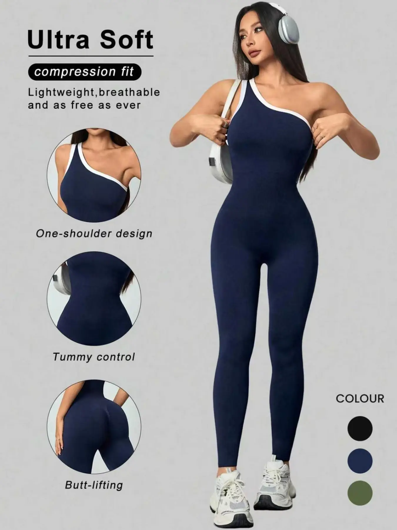 Women's One-Shoulder Trim Seamless Yoga Jumpsuit, Compression Effect, Ab Control, Butt Lift, High Elasticity, Ideal for Gym Wear