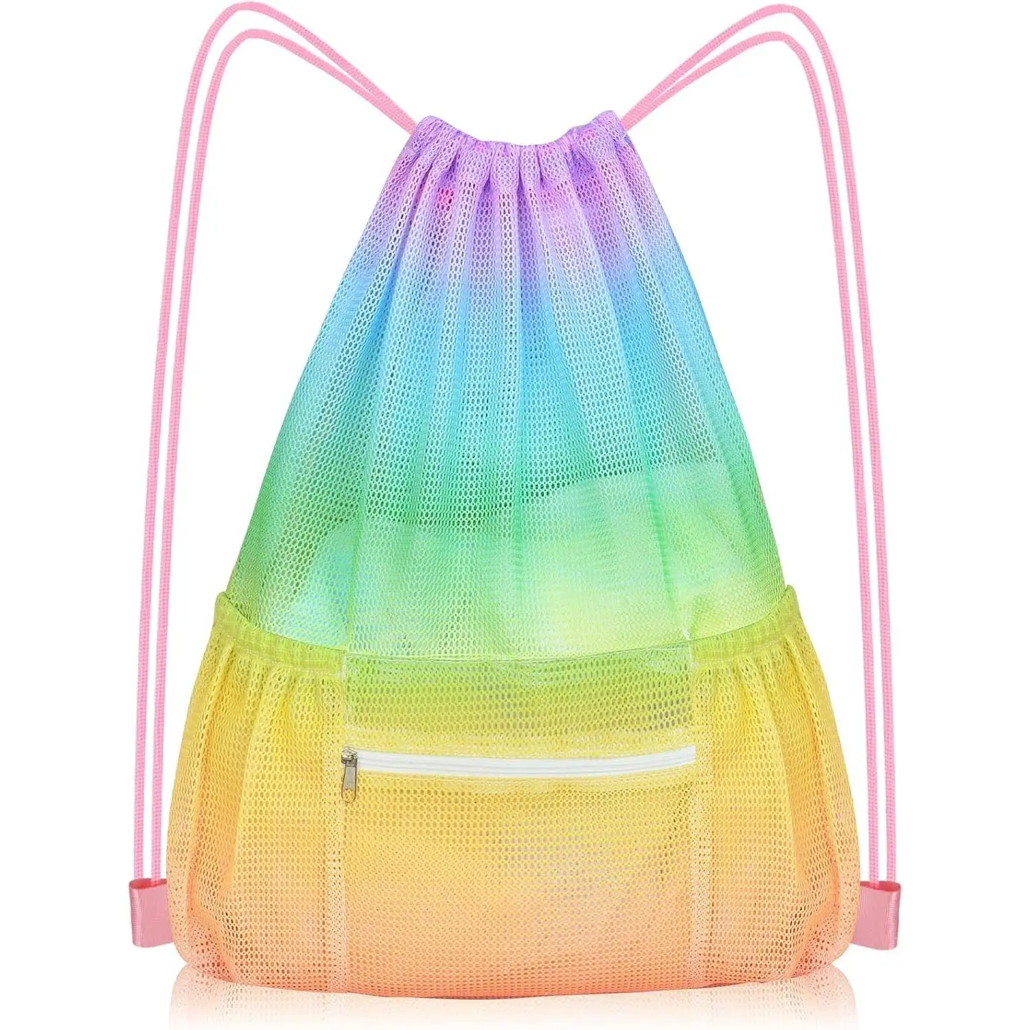 Mesh Drawstring Bag with Zipper Pocket, Beach Bag for Swimming Gear Backpack Gym Storage Bag for Adult