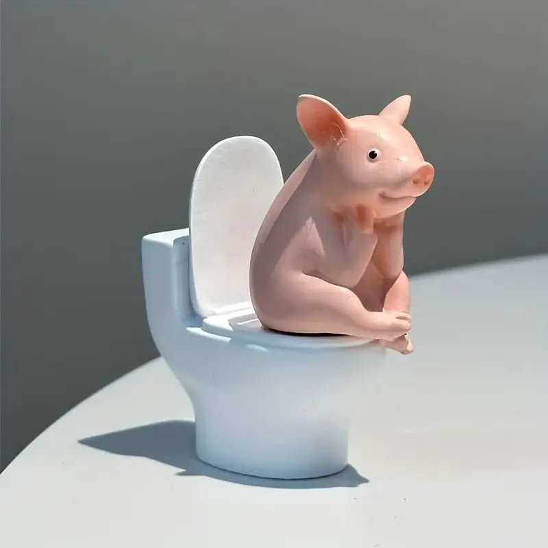 Cute Pig Figurine for Toilet, PVC Bathroom Decor, Animal Decorative Figurines, Desktop or Wall Mount, Home Office Living Room Display, Household Decoration, Bath Accessory