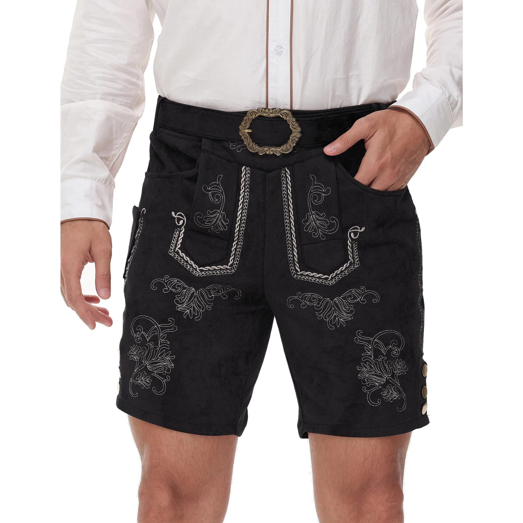 Men Oktoberfest Faux Suede Lederhosen Shorts, Vintage Embroidery Belt Included Stretch Bavarian Costume Shorts for Party Cosplay