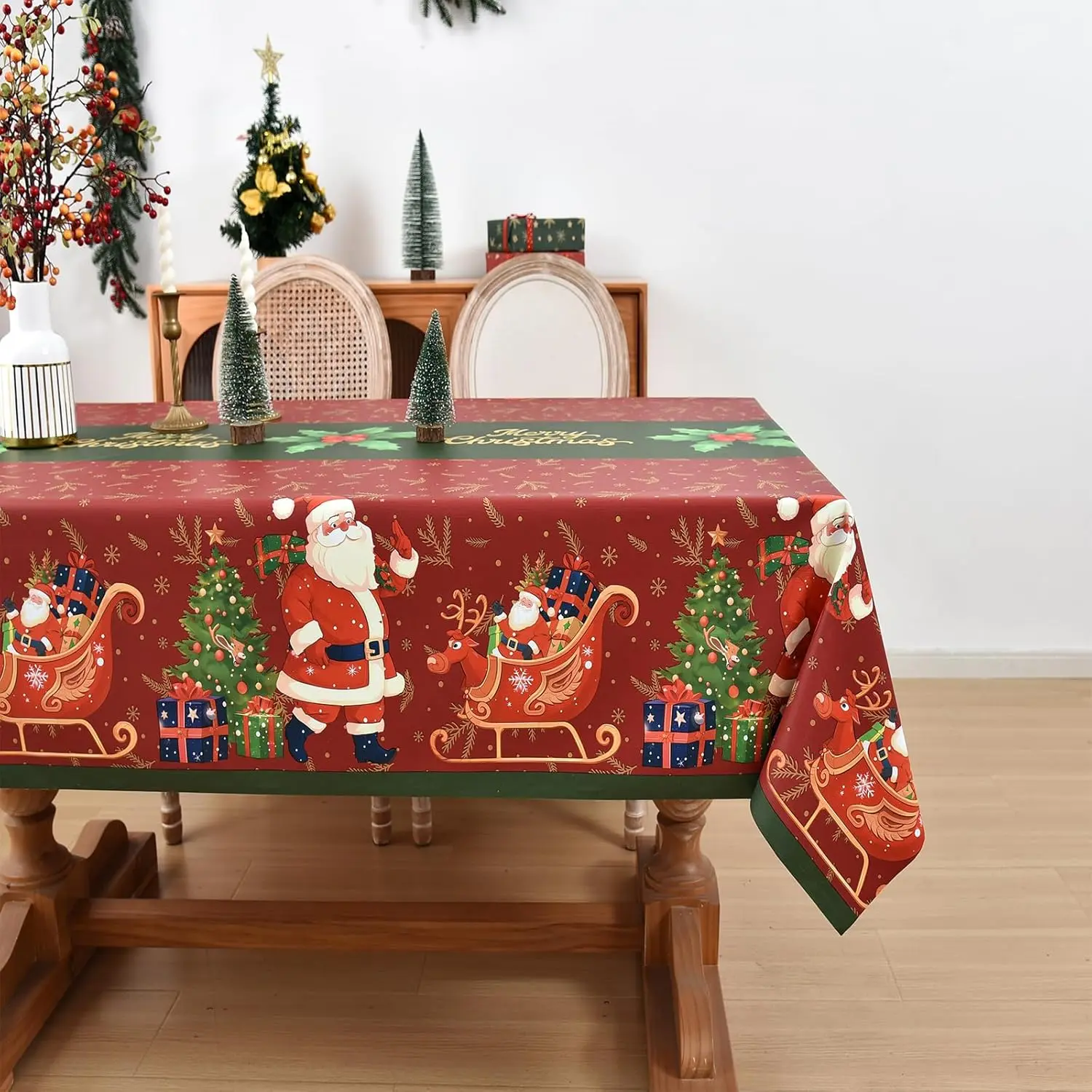 Heavy Vinyl Christmas Tablecloth, 54x54 in Rectangle PVC Table Cover, Reusable Waterproof Foldable Heavy-Duty Decor for Christmas, New Year Party Decoration