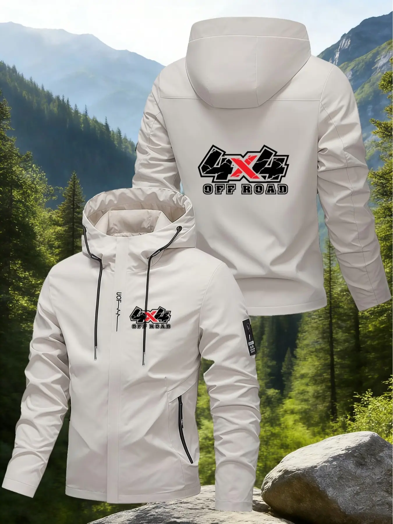 Men's Hooded Jacket Outdoor Casual Style, 4x4 off Road Adventure Theme, Windproof Durable Material, Spring & Fall Outerwear