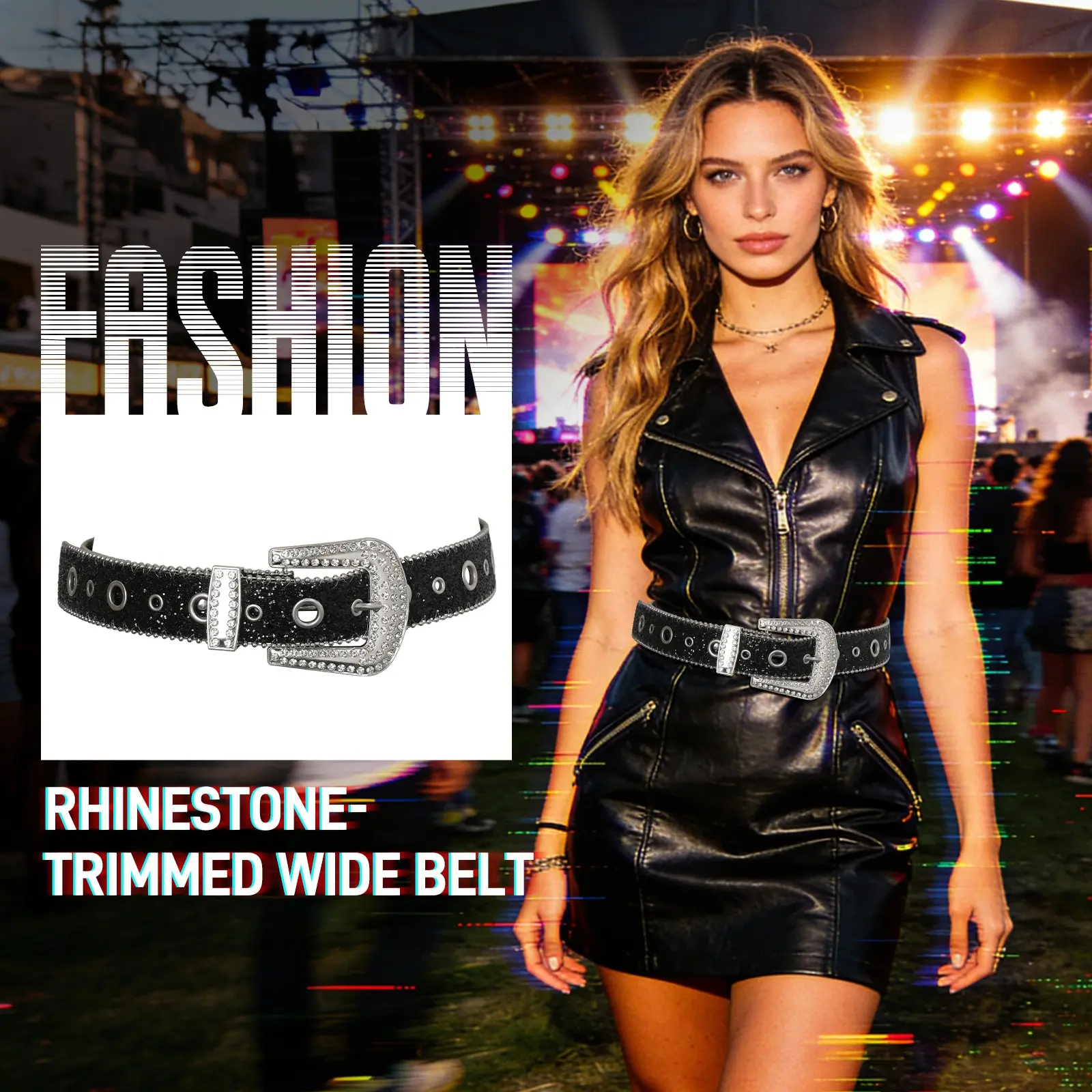 Women's Y2K Rhinestone Embellished Wide Belt Shiny Sequin Belt for Jeans Dress