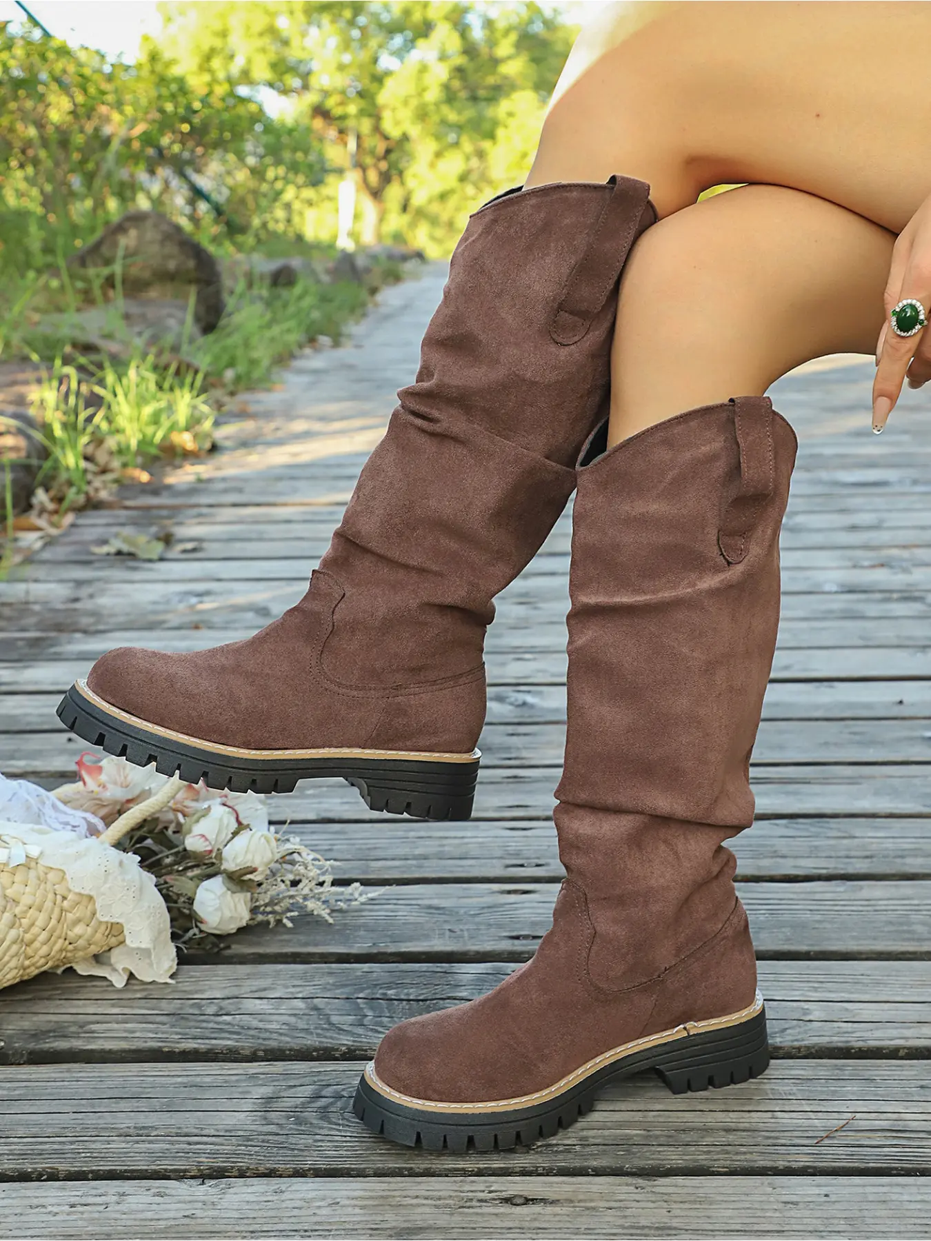 Ladies' Shoes Fashion Ruched Suede Tall Cowboy Boots, Comfort Chunky Platform Slouch Western Knee Boots For Women
