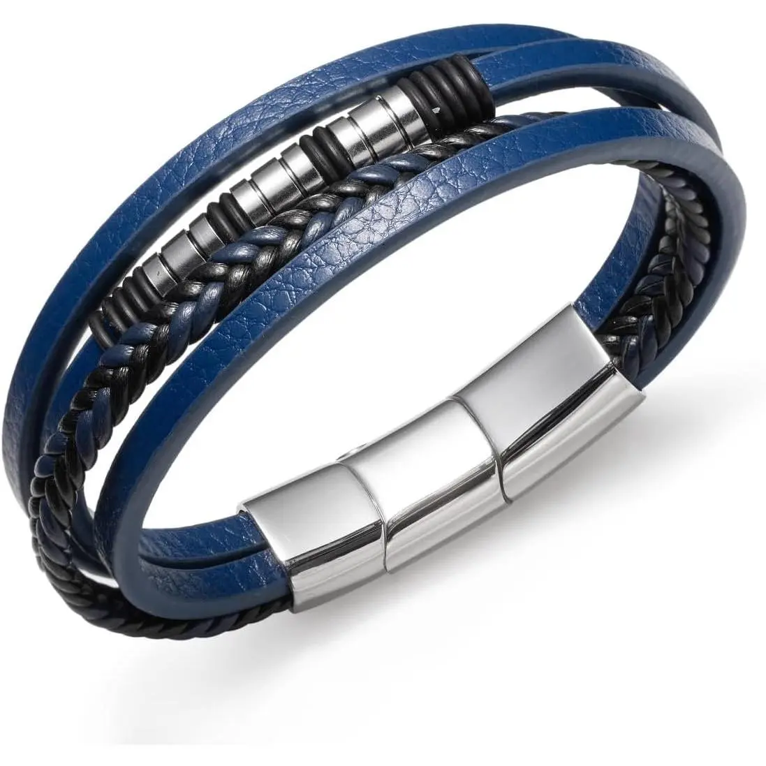 Mens Leather Bracelet Multi Layer – Braided Black Wristband with Stainless Steel Clasp, Minimalist Stylish  for Men, Everyday Wear Brown Black Blue