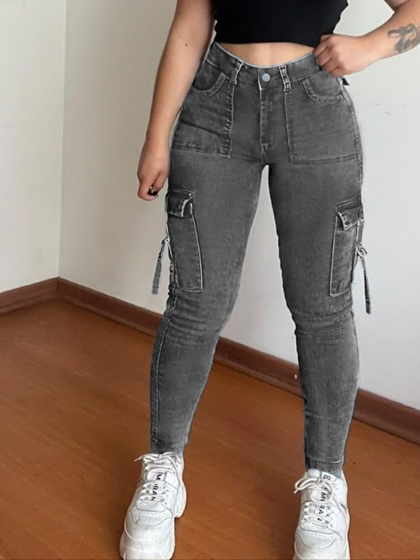 Women's Plain Multi-pocket Denim Elastic Slim Fit Button Cargo Pants, Casual Street Trousers for Everyday Wear, Ladies' Bottoms for All Seasons, Jeans with Pockets, Womenswear