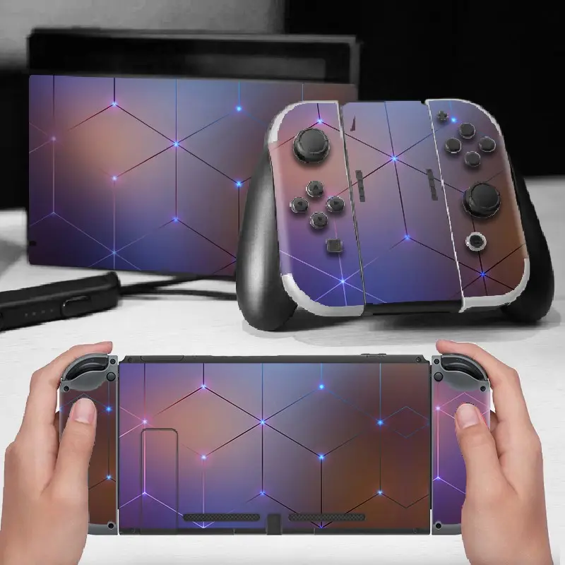 Switch Game Console Vinyl Stickers Set, Gradient Geometric Light Lines Art, Waterproof Scratch-Resistant Removable Decorative Stickers