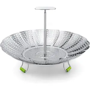 3rd Generation Sturdy Stainless Steel Kitchen Steamer Basket with Silicone Extendable Handle, Folding Expandable Veggie Steam Insert Rack, Cookware Fit for 5.5"-9" Various Size Instant Pot