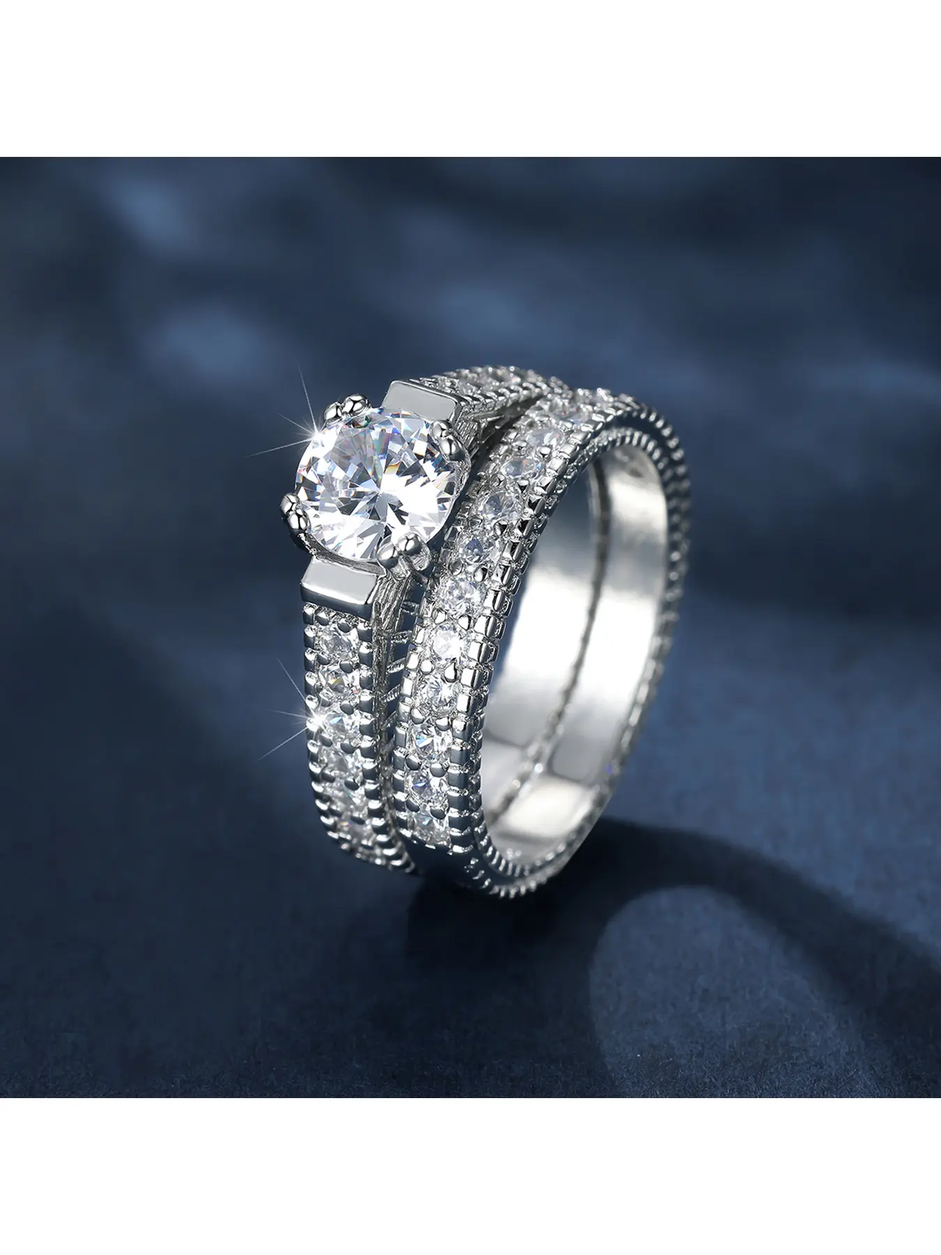 Vintage Milgrain Edge Round Cubic Zirconia Engagement Ring Set 2 Pcs Silver Plated Solitaire Ring With Eternity Band Full Inlaid Shiny CZ Detail Retro Finger Rings For Wedding Anniversary Gift