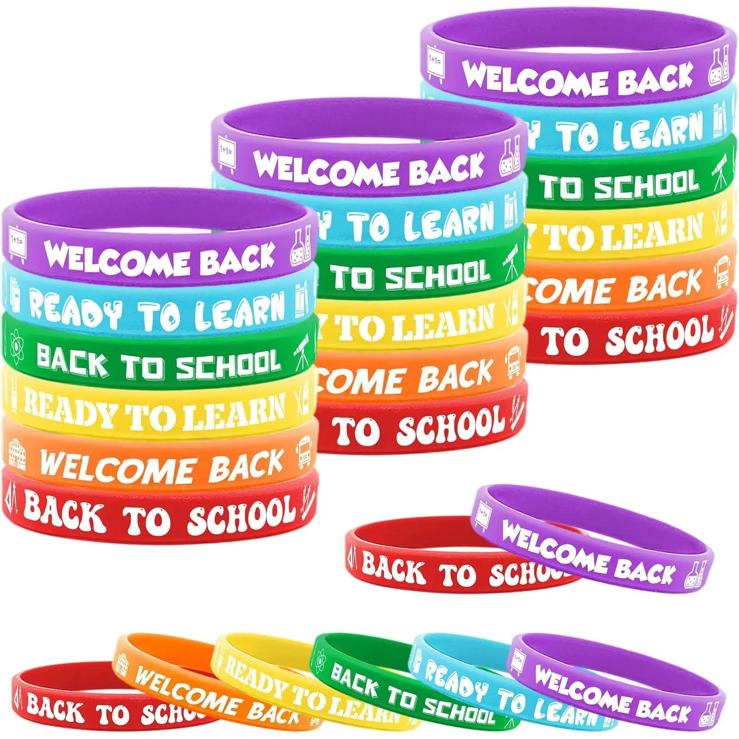 48 count Welcome  to School  Bracelets for Teens 6 Colors | Welcome Semester Begins Rubber Wristbands,Party Supplies and Decorations for Students and Teens Holiday Accessories, One Size